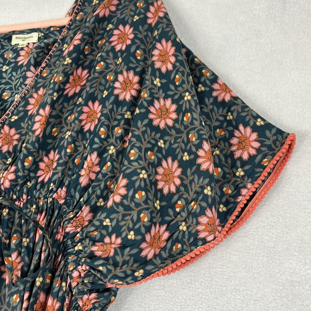 World Market Maxi Dress Women's Size Large Blue/Pink Floral V-Neck Flared Sleeve - Picture 6 of 12
